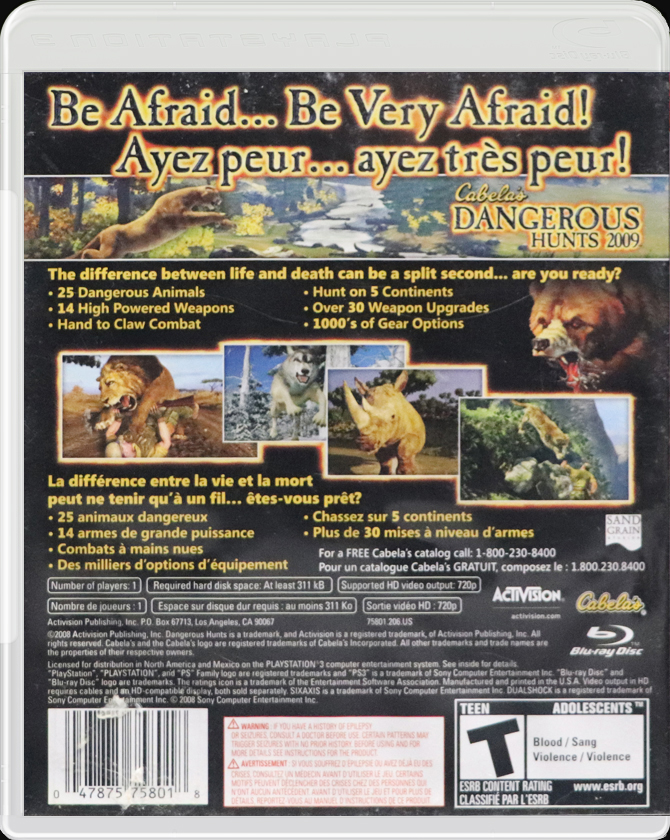 Cabela's Dangerous Hunts 2009 PS3 back side cover case