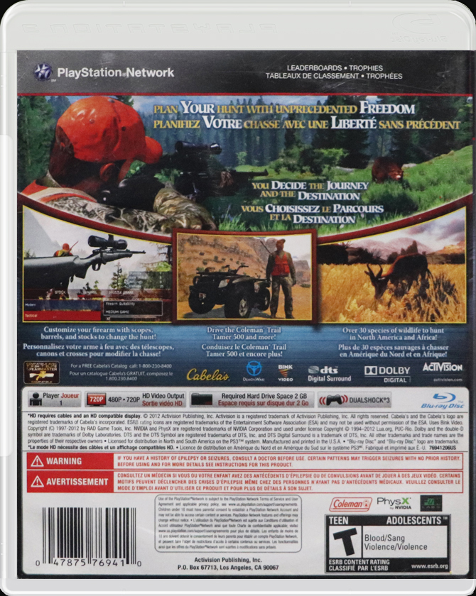 Cabela's Hunting Expeditions PS3 back side cover case