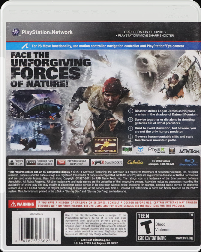 Cabela's Survival Shadows of Katmai PS3 back side cover case