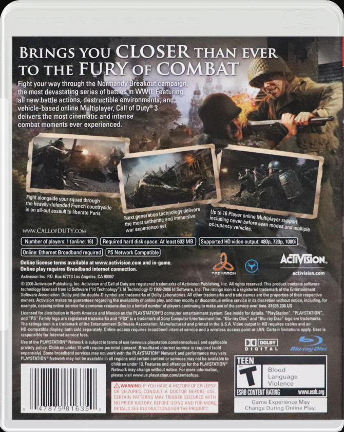 Call of Duty 3 PS3 back side cover case