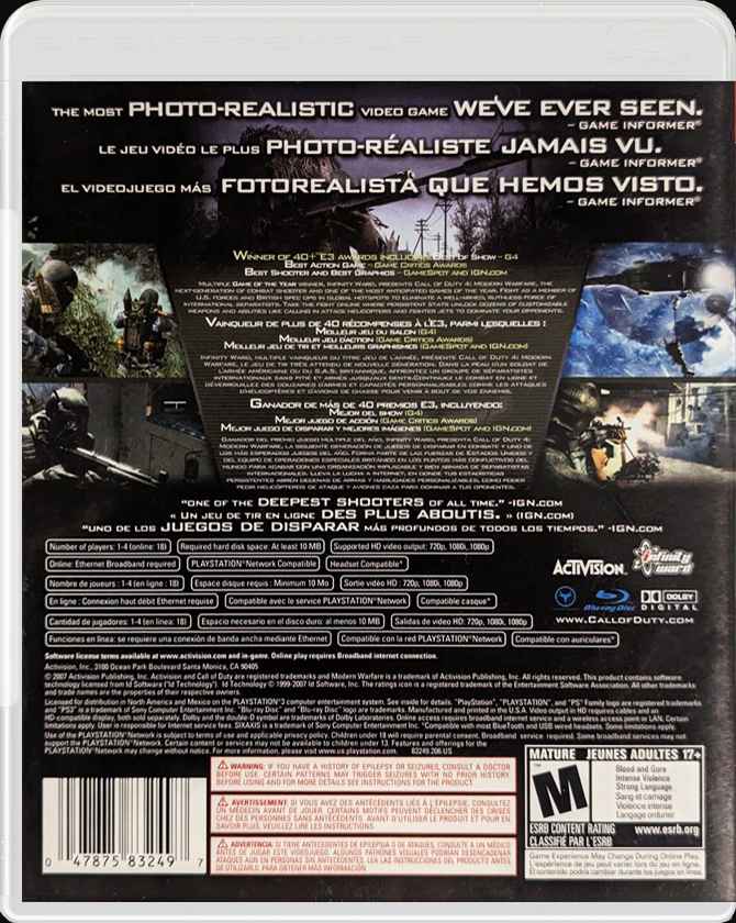 Call of Duty 4 Modern Warfare PS3 back side cover case