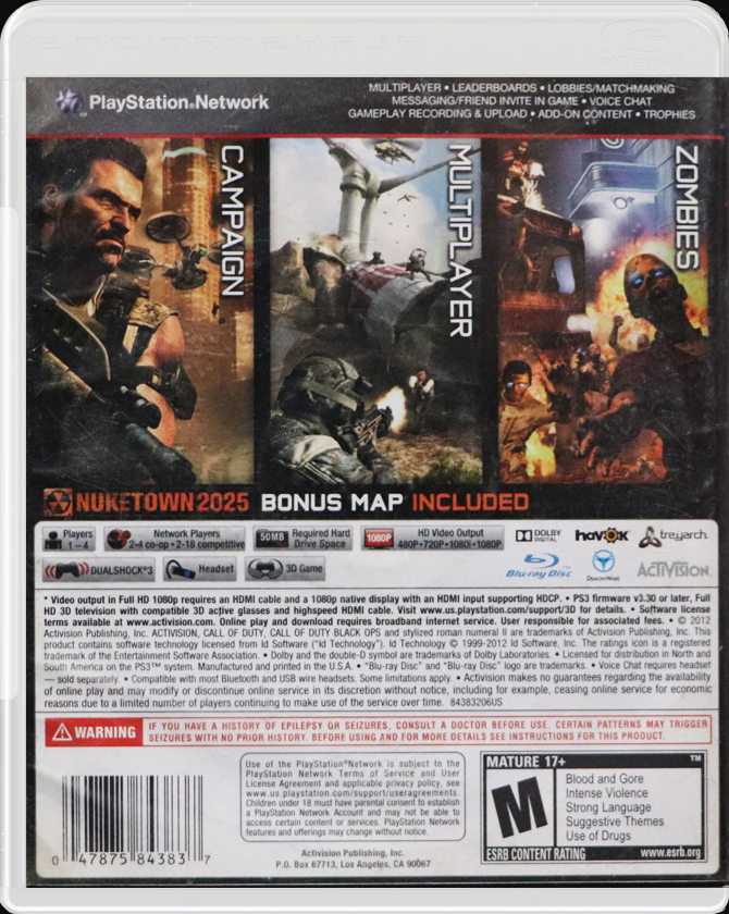 Call of Duty Black Ops II PS3 back side cover case