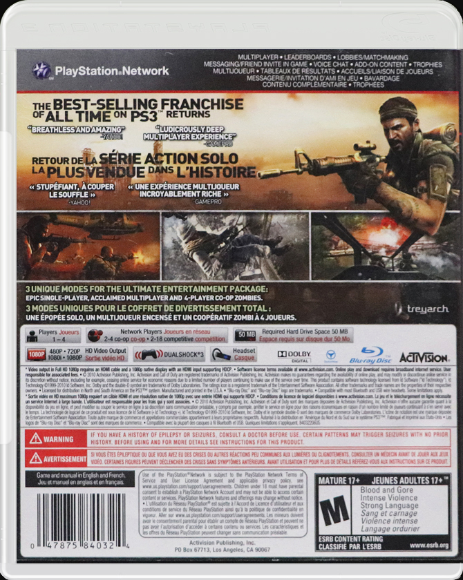 Call of Duty Black Ops PS3 back side cover case