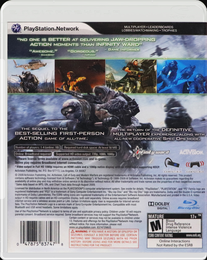 Call of Duty: Modern Warfare 2 PS3 back side cover case