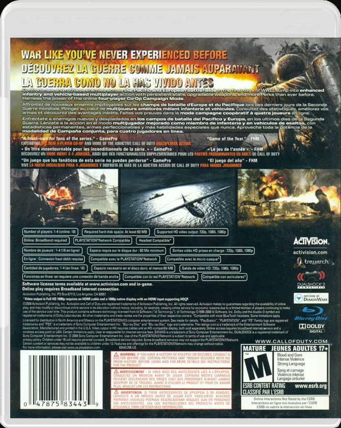 Call of Duty: World at War PS3 back side cover case