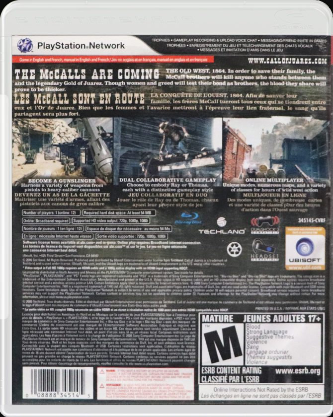 Call of Juarez Bound in Blood PS3 back side cover case