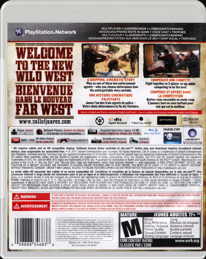 Call of Juarez: The Cartel PS3 back side cover case