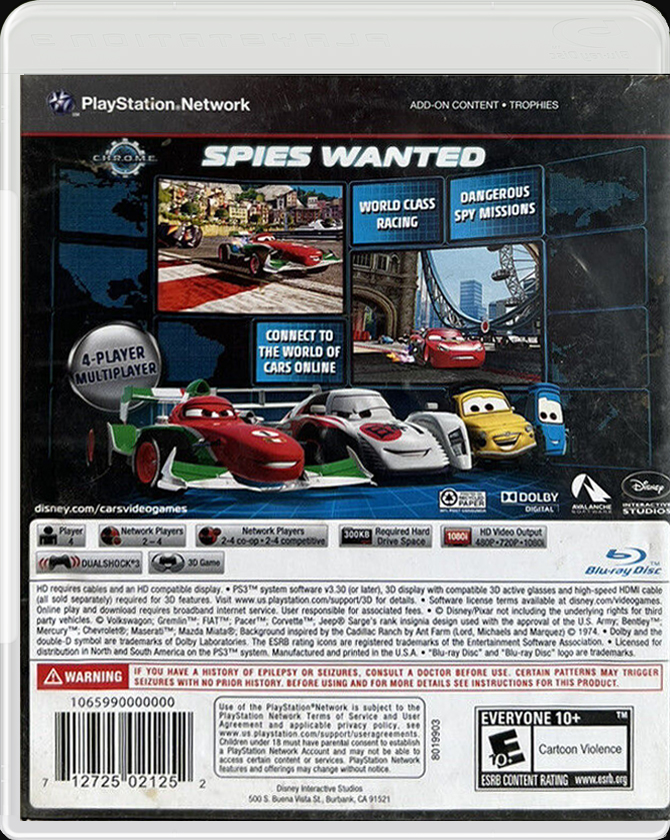 Cars 2 The Video Game PS3 back side cover case