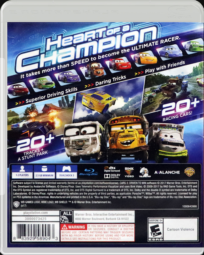 Cars 3: Driven to Win PS3 back side cover case