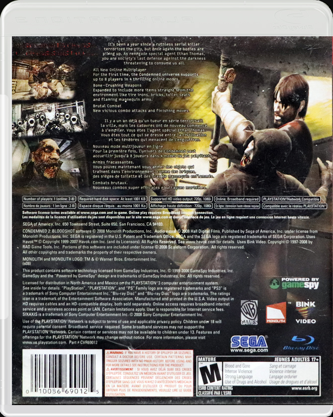 Condemned 2 Bloodshot PS3 back side cover case