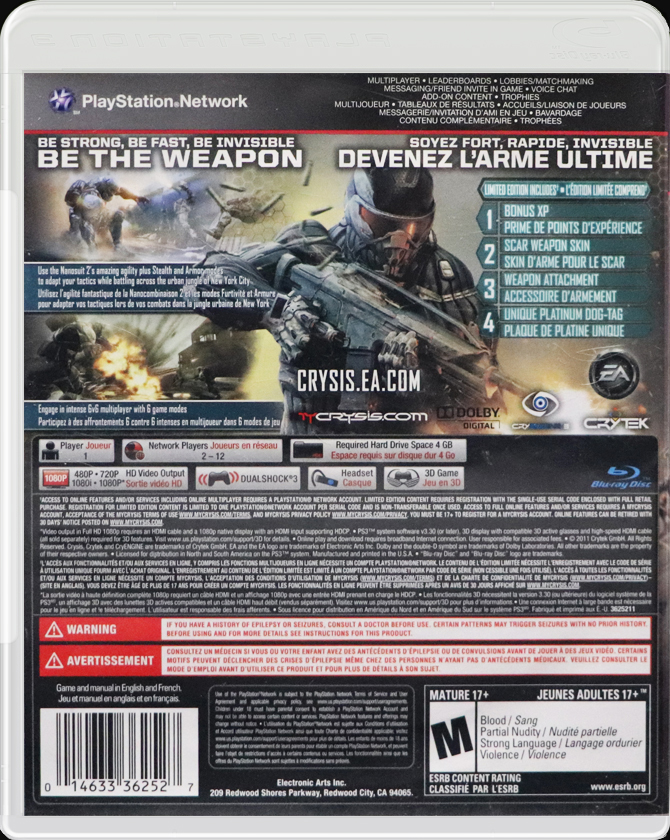 Crysis 2 PS3 back side cover case