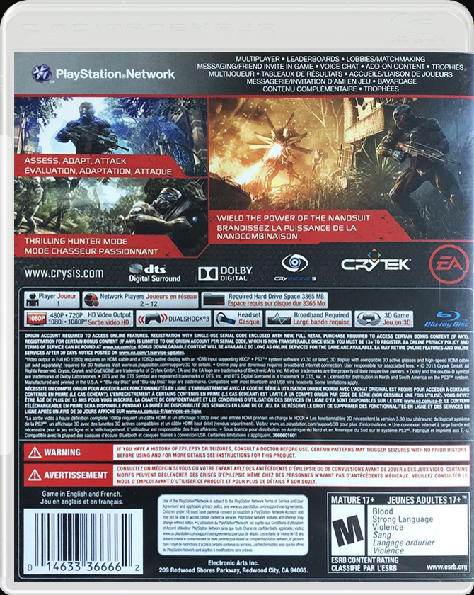 Crysis 3 Hunter Edition PS3 back side cover case