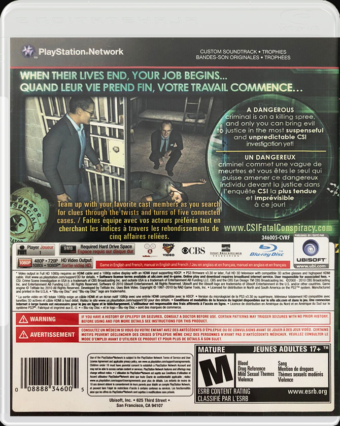 CSI: Fatal Conspiracy PS3 back side cover case