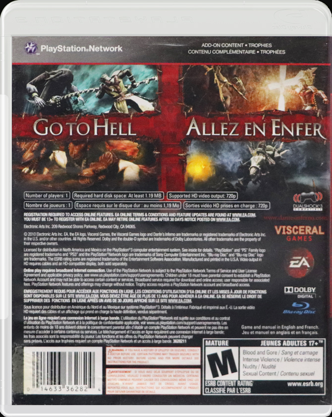 Dante's Inferno PS3 back side cover case