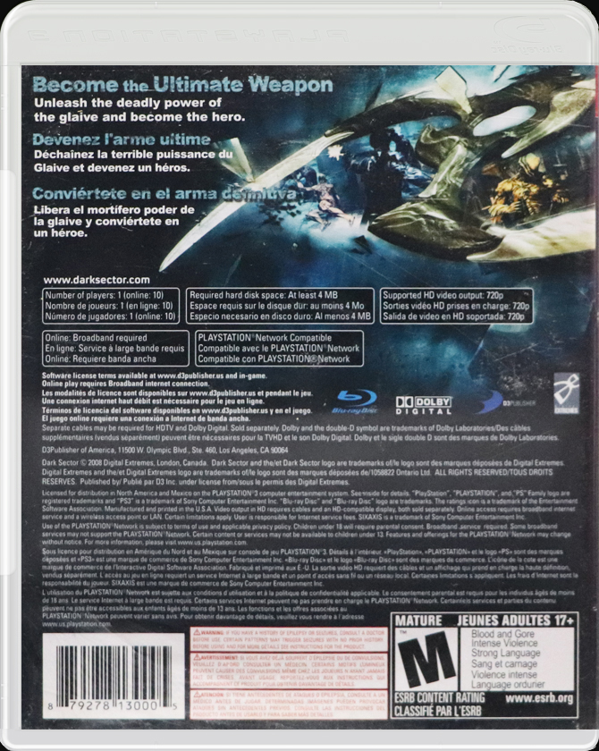 Dark Sector PS3 back side cover case