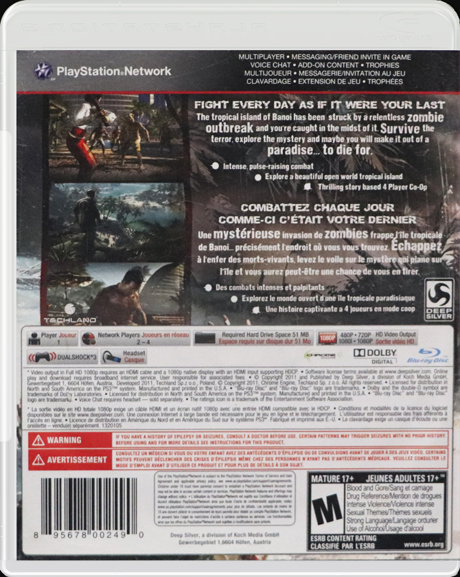 Dead Island PS3 back side cover case