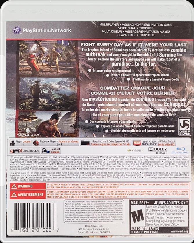 Dead Island Game of the Year Edition PS3 back side cover case