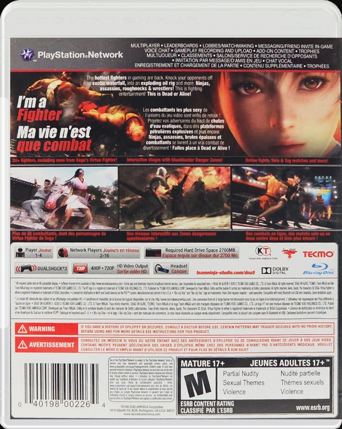 Dead or Alive 5 PS3 back side cover case