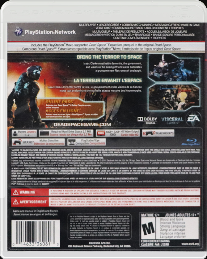 Dead Space 2 PS3 back side cover case