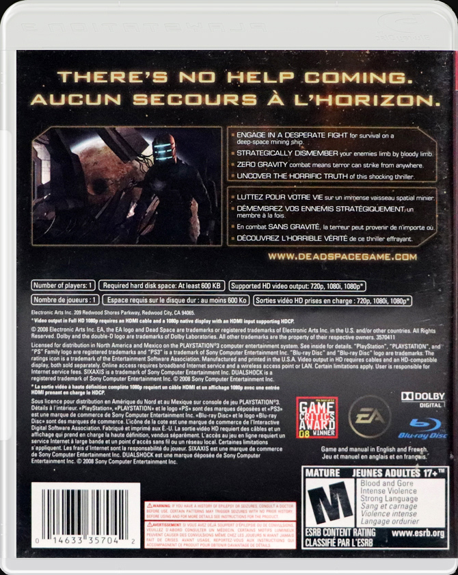 Dead Space PS back side cover case