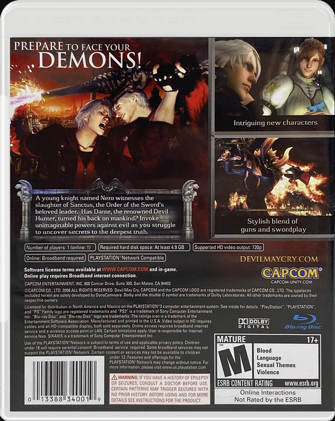 Devil May Cry 4 PS3 back side cover case