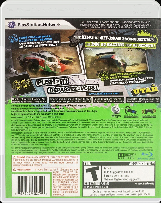 Dirt 2 PS3 back side cover case