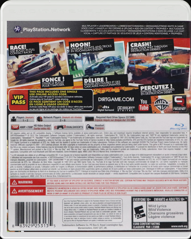 Dirt: Showdown PS3 back side cover case