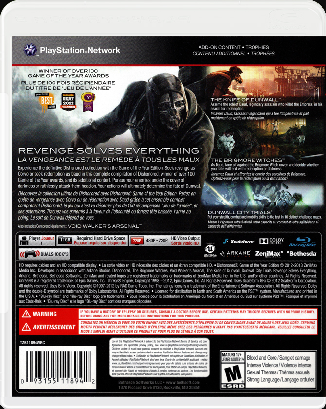 Dishonored Game Of The Year Edition PS3 back side cover case