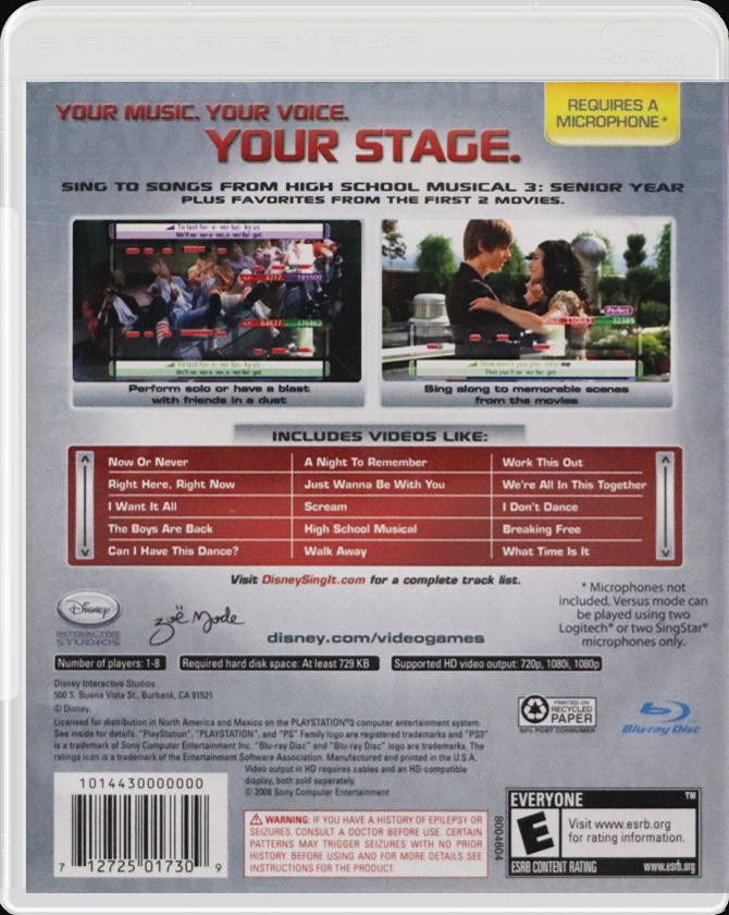 Disney Sing It! High School Musical 3: Senior Year PS3 back side cover case