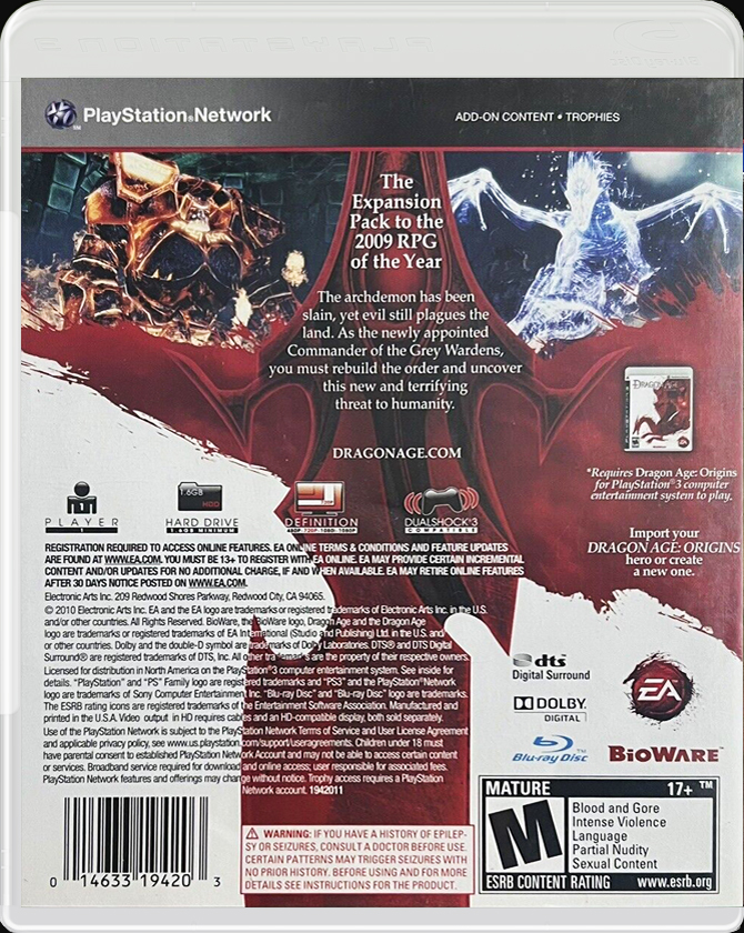 Dragon Age: Origins Awakening Expansion PS3 back side cover case