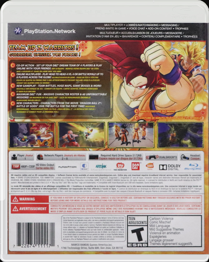 Dragon Ball Z: Battle of Z PS3 back side cover case