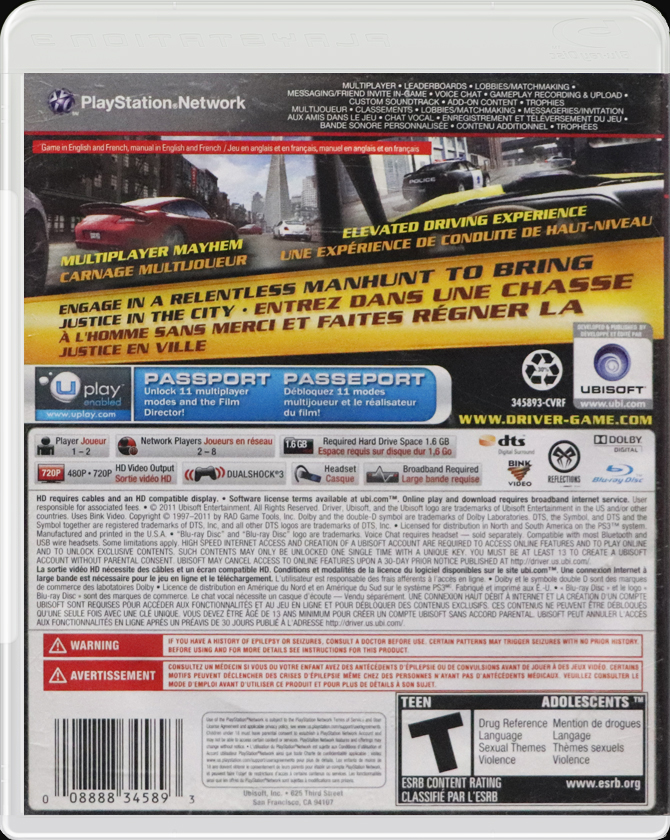 Driver: San Francisco PS3 back side cover case