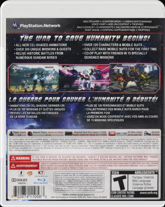 Dynasty Warriors Gundam 3 PS3 back side cover case