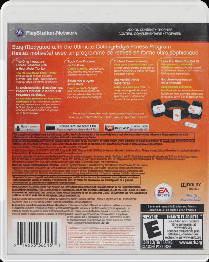 EA Sports Active 2 PS3 back side cover case