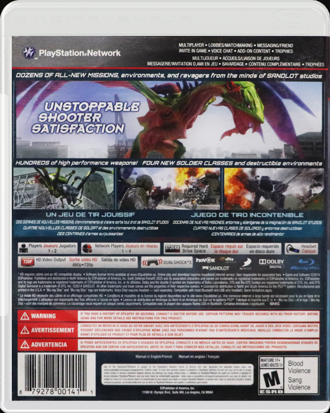 Earth Defense Force 2025 PS3 back side cover case