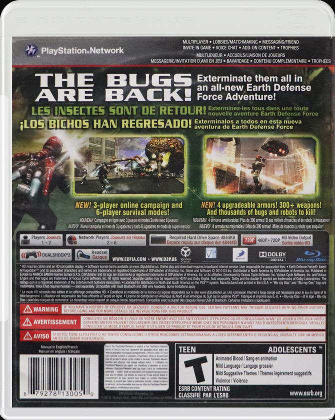 Earth Defense Force: Insect Armageddon PS3 back side cover case