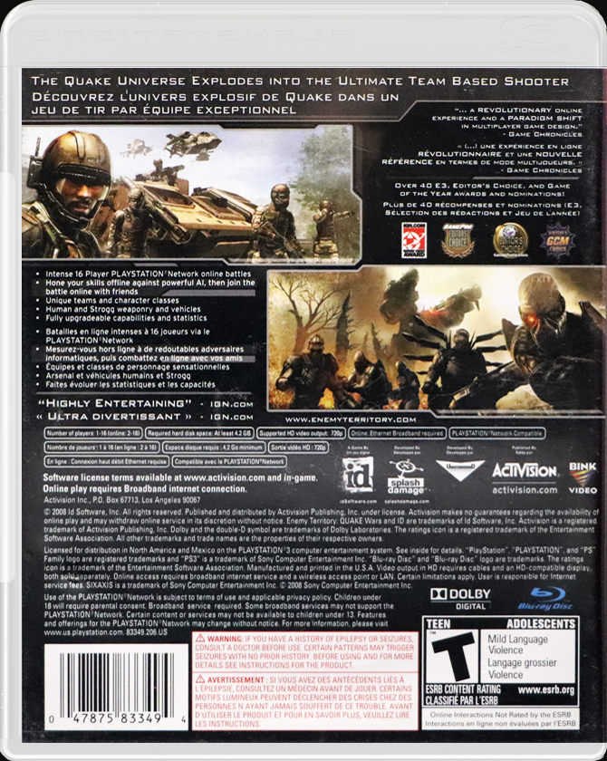 Enemy Territory: Quake Wars PS3 back side cover case