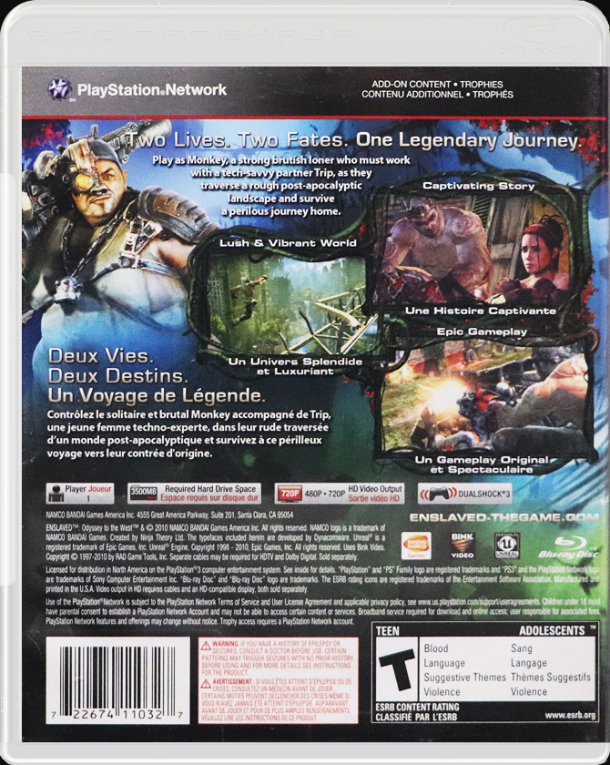 Enslaved: Odyssey to the West PS3 back side cover case