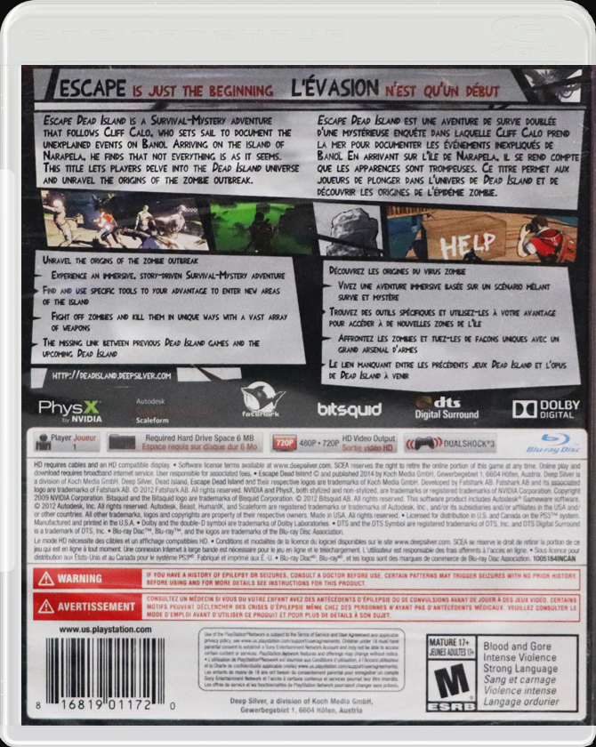 Escape Dead Island PS3 back side cover case