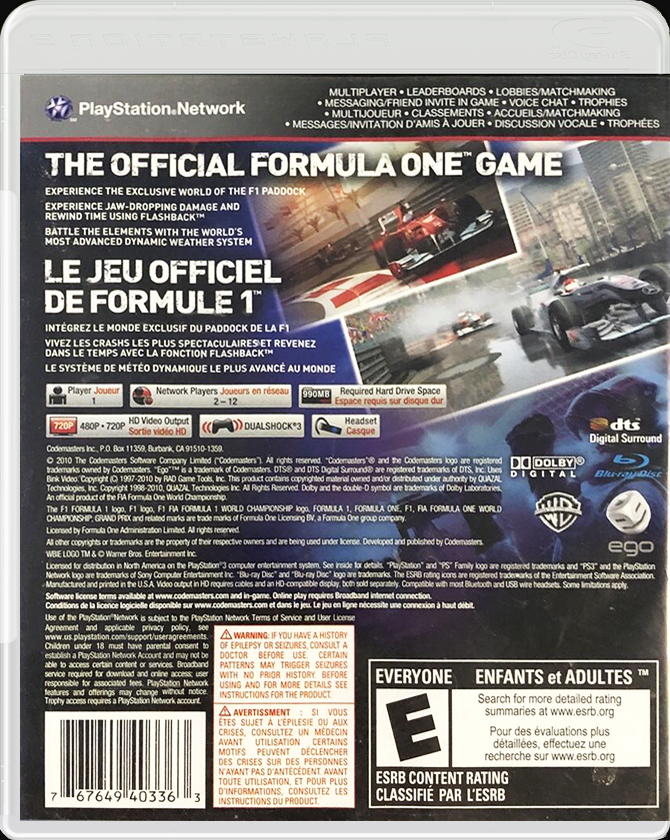 F1 2010 PS3 back side cover case