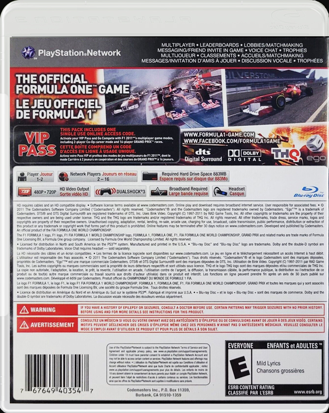 F1 2011 PS3 back side cover case