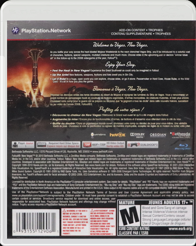 Fallout: New Vegas PS3 back side cover case