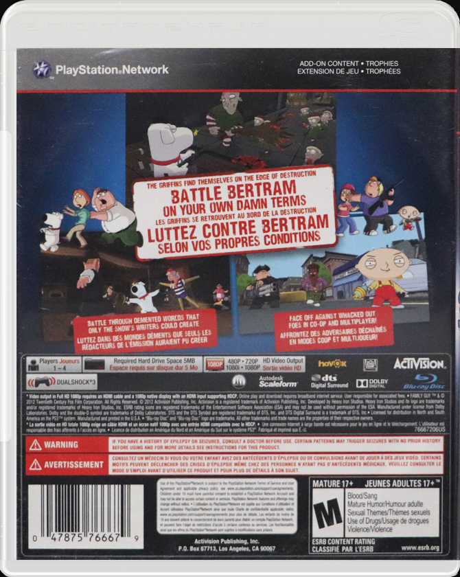 Family Guy Back to the Multiverse PS3 back side cover case