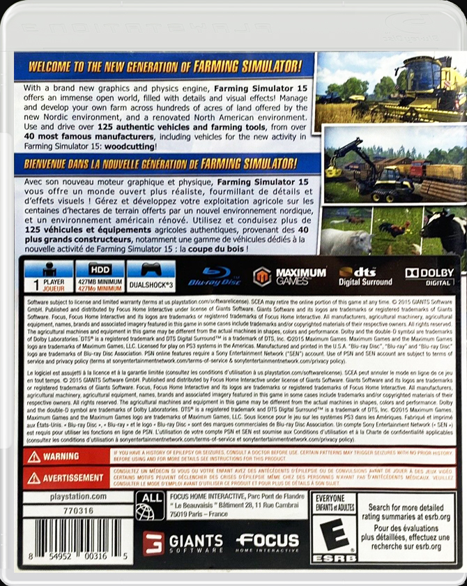 Farming Simulator 15 PS3 back side cover case