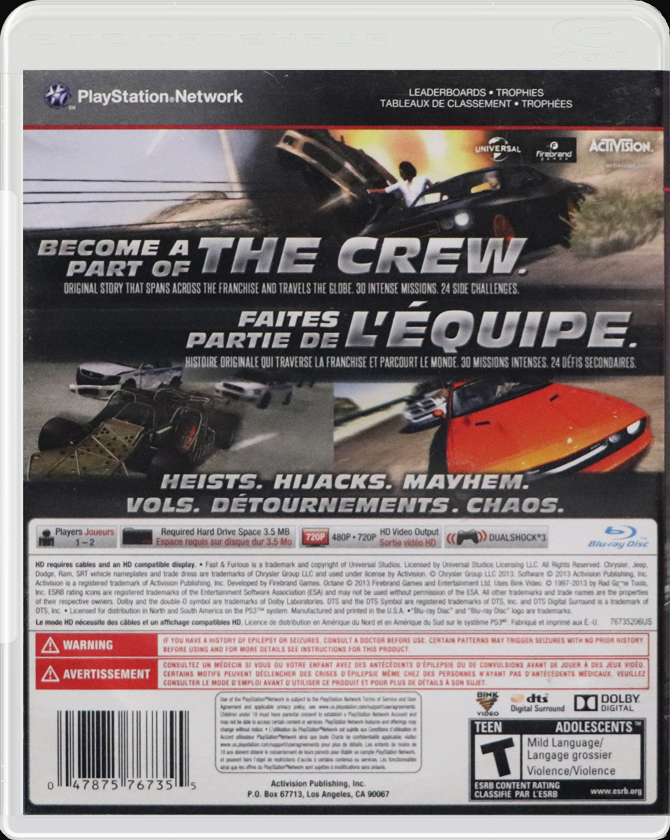 Fast & Furious: Showdown PS3 back side cover case