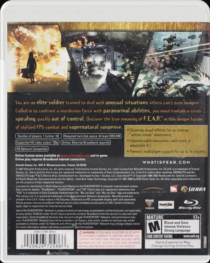 F.E.A.R. First Encounter Assault Recon PS3 back side cover case