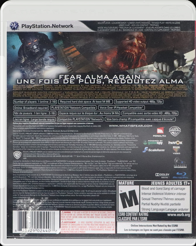 F.E.A.R. 2: Project Origin PS3 back side cover case