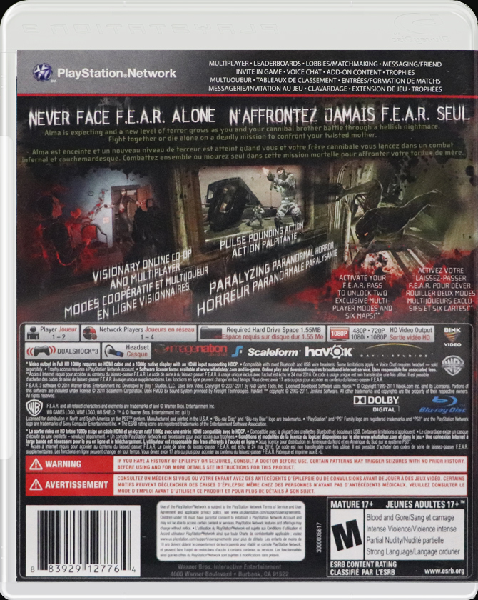 F.E.A.R. 3 PS3 back side cover case