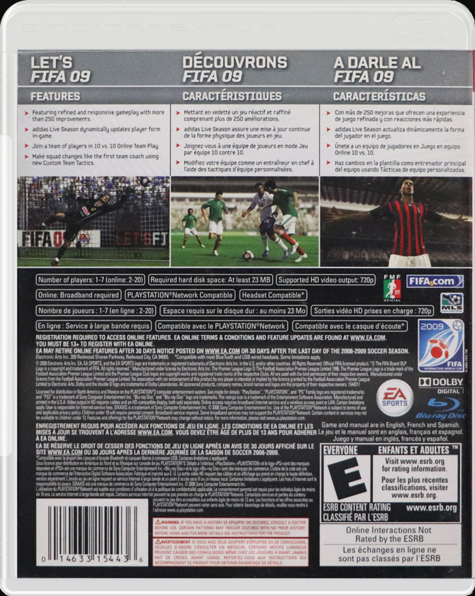 FIFA Soccer 09 PS3 back side cover case