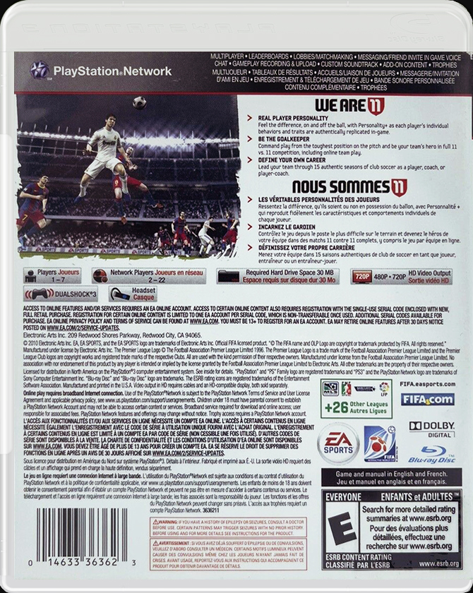 FIFA Soccer 11 PS3 back side cover case